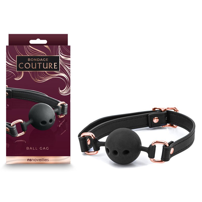 Bondage couture black ball gag front and box | Flirtybay.com.au